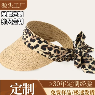 定制跨境大帽簷防晒草编空顶帽子女豹纹蝴蝶结遮阳帽抗UV遮阳帽潮