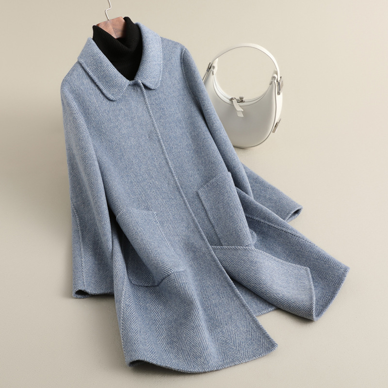 Clearance Sale, No Returns or Exchanges, Women's Mid-Length Wool Coat in Palace Blue, Double-Sided Wool, Plus-Size Women's Clothing Clearance Sale, No Returns or Exchanges, Women's Mid-Length Wool Coat in Palace Blue, Double-Sided Wool, Plus-Size Women's Clothing