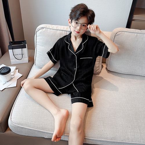Summer thin set of boy's ice silk pajamas for middle and large children, two-piece summer short-sleeved shorts home wear for boys