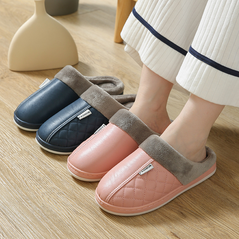 2021新款毛口加厚PU皮拖鞋男女冬季保暖情侶款防滑防水月子棉拖鞋
