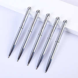 跨境新款电镀银色金属圆珠笔迷你短款旋转式中油笔书写顺滑碳素笔