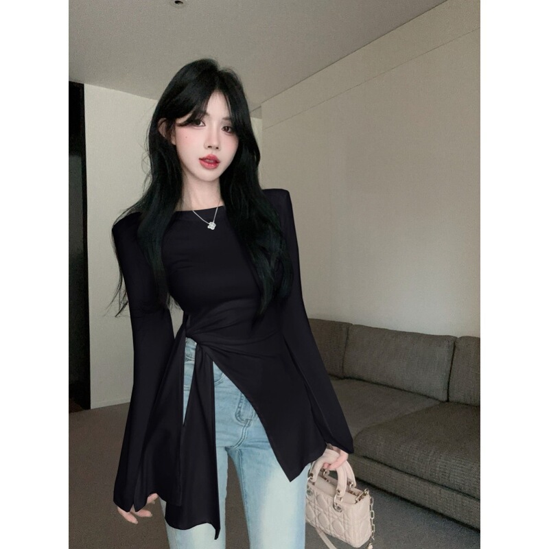 Irregular Slit Waist Strap Long-Sleeved T-Shirt for Women Early Autumn High-End Shoulder Pad Top Unique and Unique Bottoming Shirt