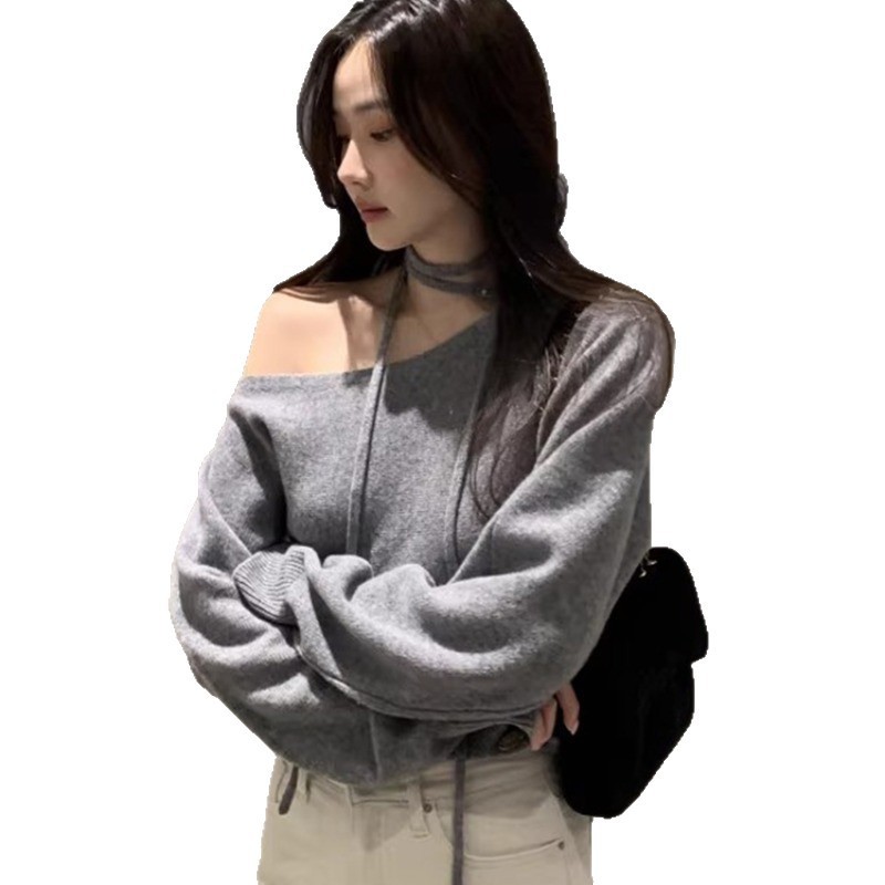 粉色毛衣女秋冬新款韩系气质时尚圆领系带设计宽松慵懒软糯针织衫|undefined