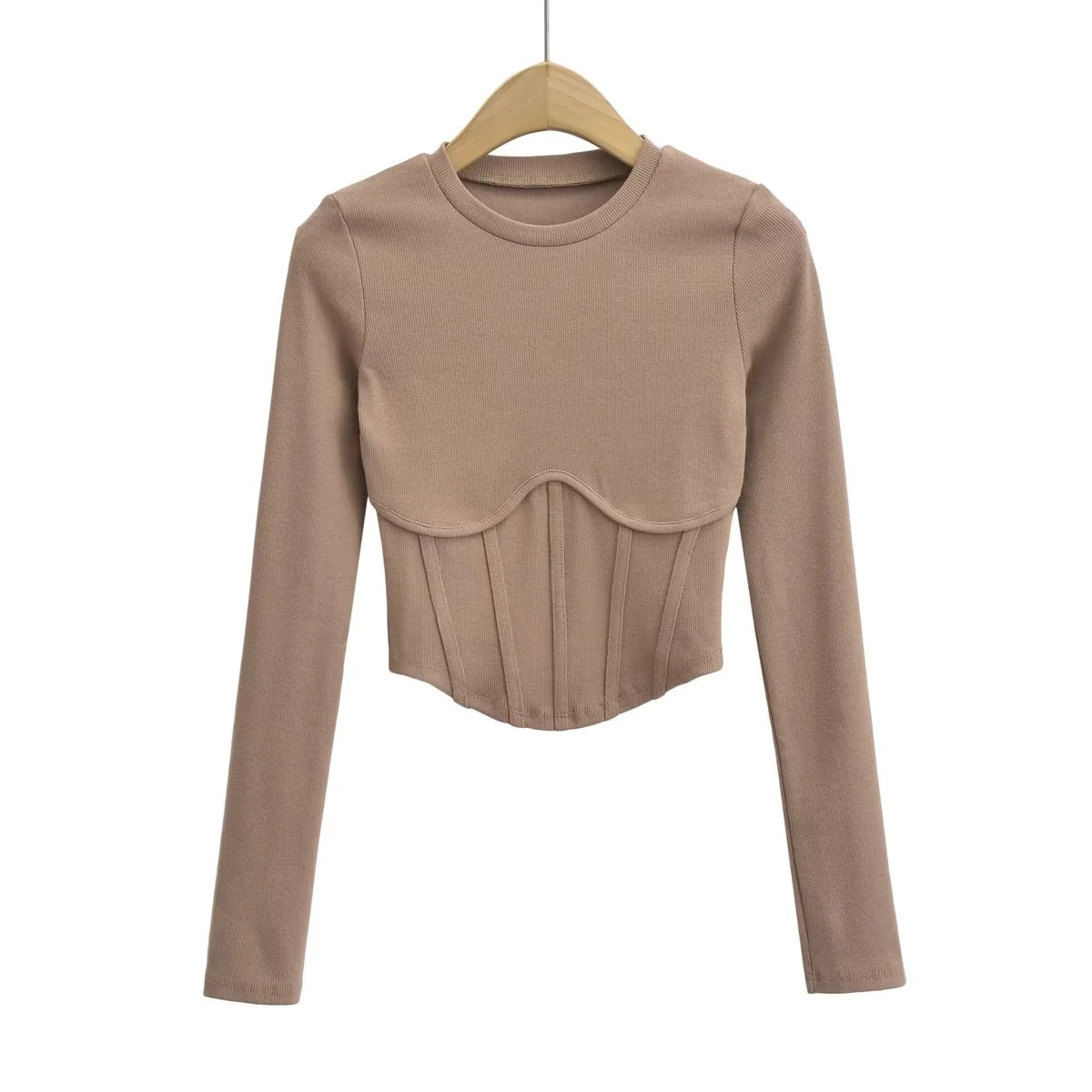 Stickad damtopp med lång ärm och fiskbensmönster slim fit_voghion.com