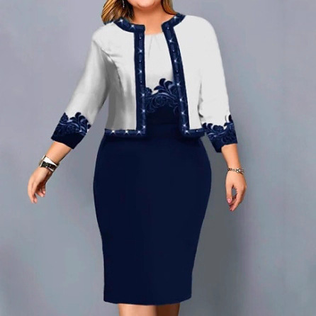 2025eBay速卖通七分袖数码印花两件套大码女装连衣裙包臀裙套装