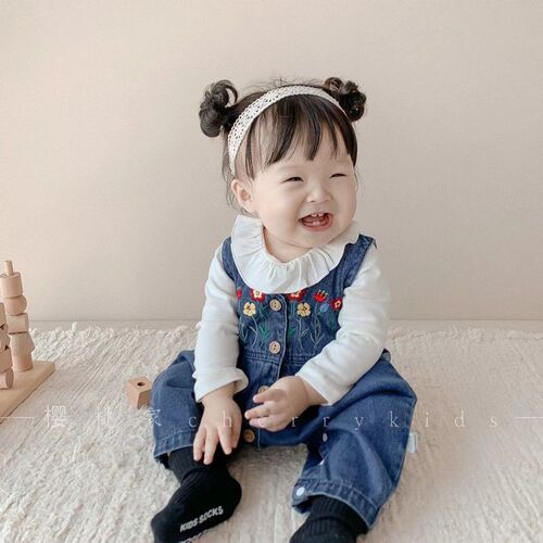Baby Spring and Autumn Two-Piece Girl's Denim Set Cute and Stylish Outgoing Back Strap Pants One-piece Long Sleeve Hoddie
