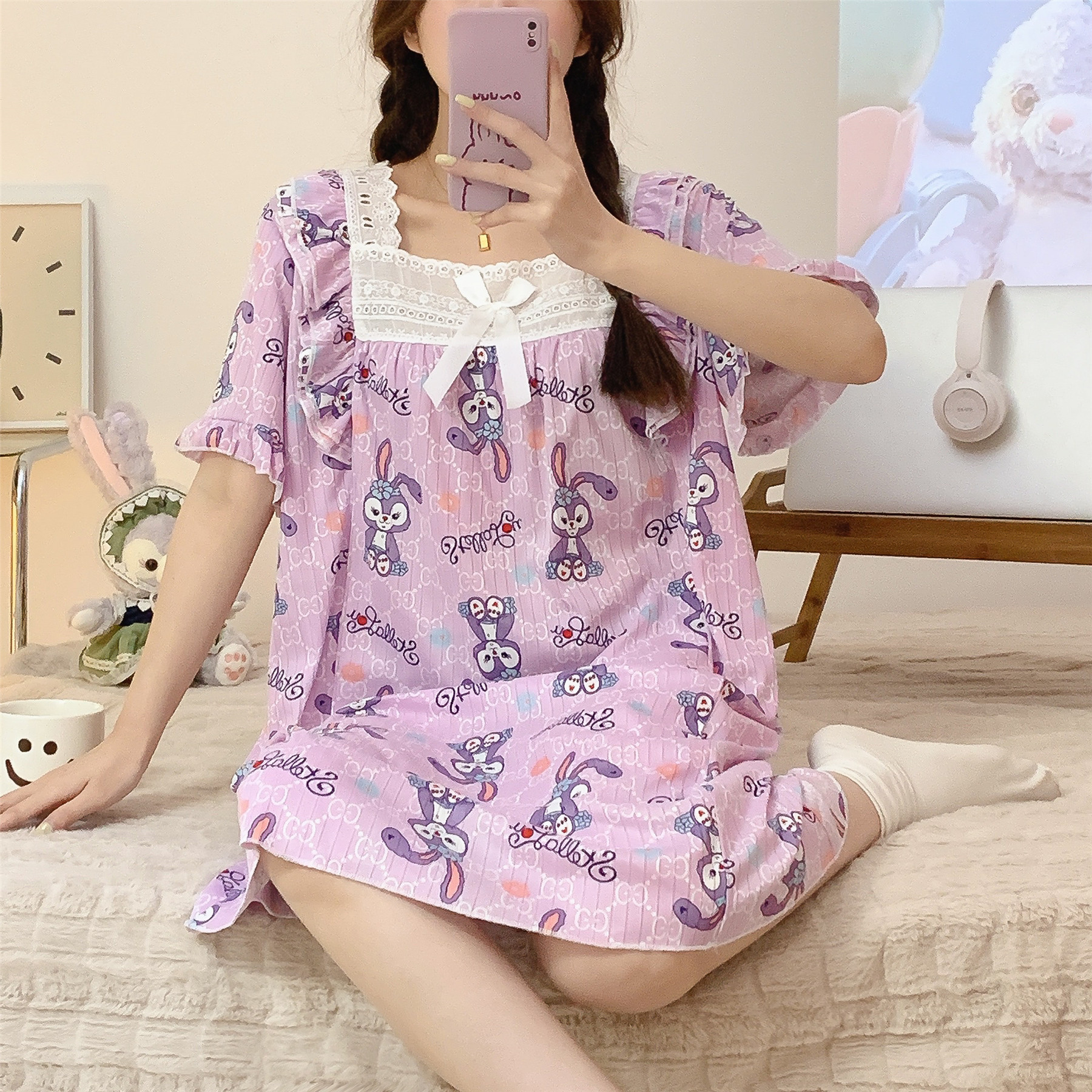 Comercio exterior 2023 camisón de encaje de verano de las mujeres de manga corta de una sola pieza vestido pijamas lindo estudiante Delgado homewear al por mayor