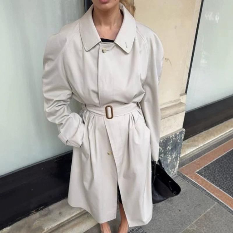 Beige Lapel Waist-Cinched Belted Mid-Length Trench Coat for Women, French Retro Style with Puff Sleeves, Loose-Fitting Outerwear 2026 Cross-Border Beige Lapel Waist-Cinched Belted Mid-Length Trench Coat for Women, French Retro Style with Puff Sleeves, Loose-Fitting Outerwear 2026 Cross-Border