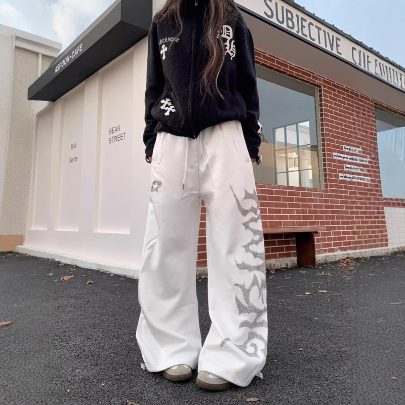 2025 New Loose Slimming Versatile Wide-Leg Pants Trendy American Retro Hot Girl Letter Rhinestone Casual Sweatpants for Women