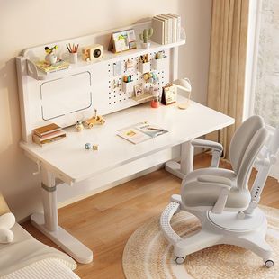 Children's Study Table Liftable Hole Board Writing Desk and Chair Set Solid Wood Lifting Primary School Student Home Desk