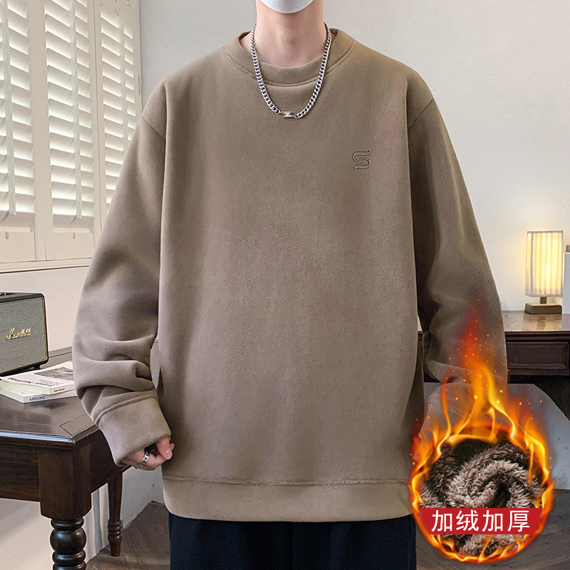 Flannel round-neck fleece-lined thickened sweatshirt for autumn and winter, integrated fleece warm long-sleeve shirt, knitted base layer sweater