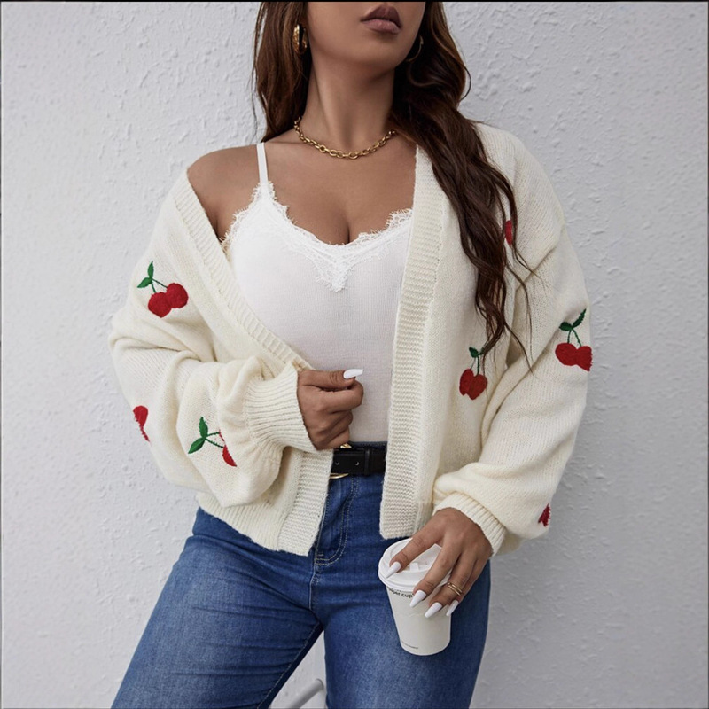 Foreign Trade Cross-Border European and American Embroidered Short Knitted Cardigan Solid Color Fashion Knitwear Cherry Embroidery Sweater Jacket for Women Foreign Trade Cross-Border European and American Embroidered Short Knitted Cardigan Solid Color Fashion Knitwear Cherry Embroidery Sweater Jacket for Women