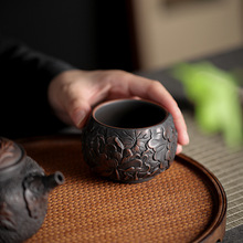 06YM 紫陶茶器复古紫陶茶杯手工雕刻品茗杯家用主人杯手作浮雕