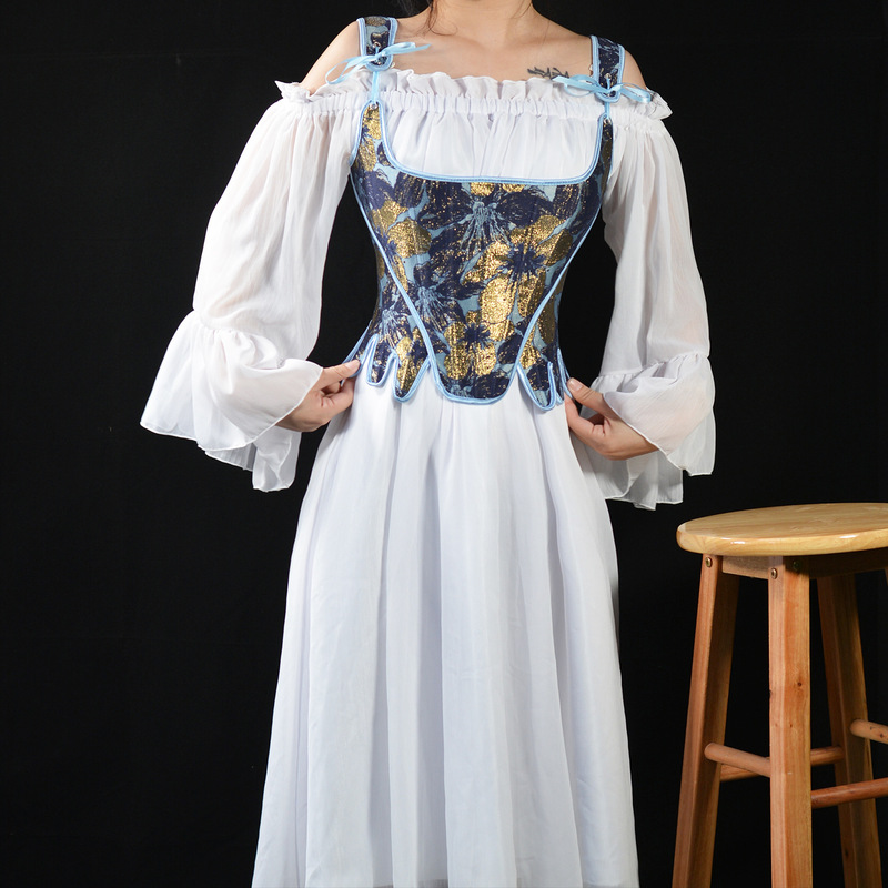 Retro Palace-Style Deep Blue Jacquard Corset with Light Blue Bow Tie for a Slimming Effect, Suitable for Outerwear