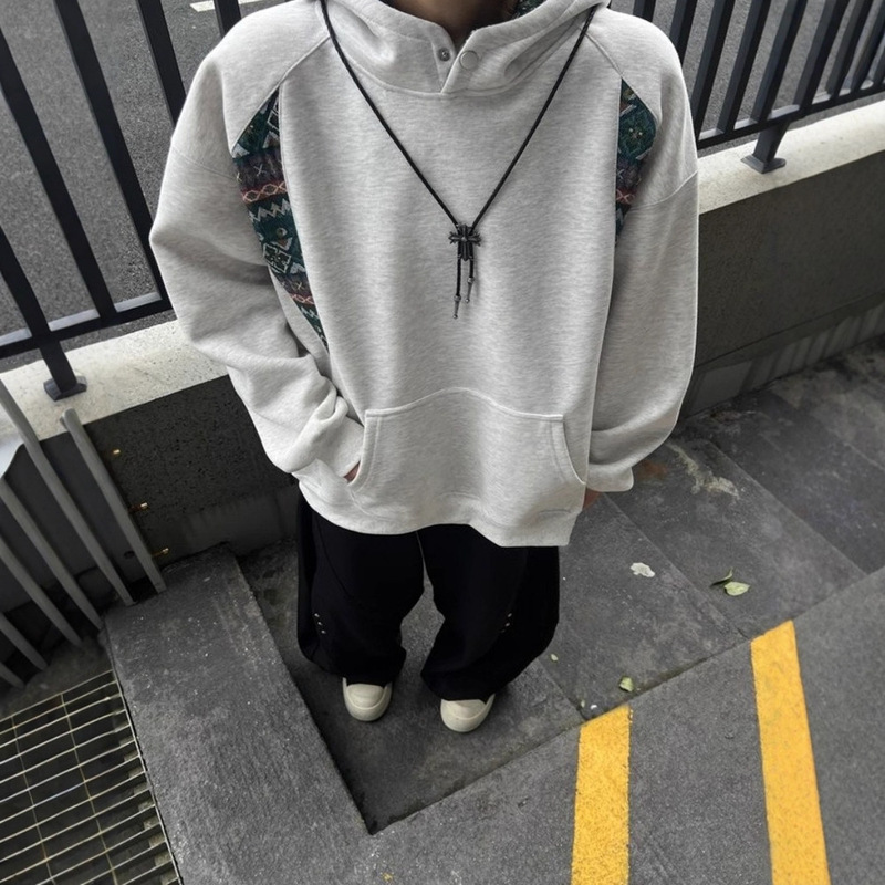 American Cleanfit Stiff Hooded Sweatshirt Men's Trendy Brand Design Ethnic Style Splicing High Collar Handsome Pullover