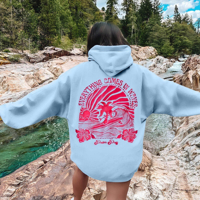 New Version of Cross-Border European Size Women's Dropped Shoulder Sleeves Threaded Chasing Sunsets Printed Loose Sweatshirt Hoodie