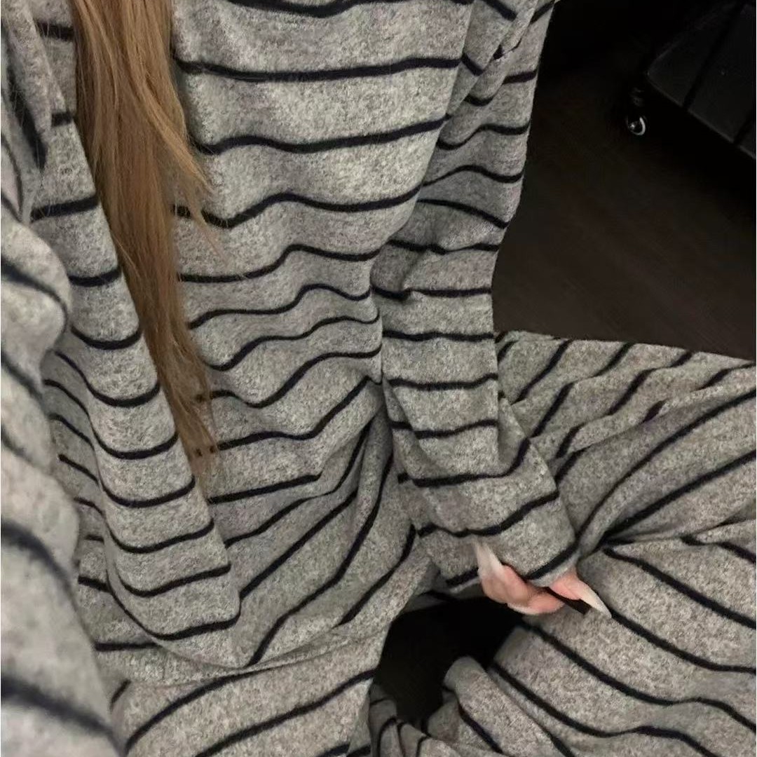 Pigiama a righe semplice, a blocchi di colore, in velluto termico, per donna, autunno inverno, stile coreano, nuovo, caldo_voghion.com