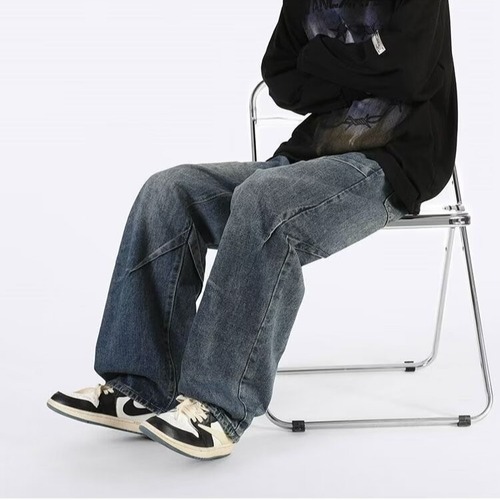 Stitched Denim Pants for Men: Spring/Autumn, Wide-Legged, Flowing Fit, Loose-Fitting, Straight Cut—Niche Design Meets American High-Street Style