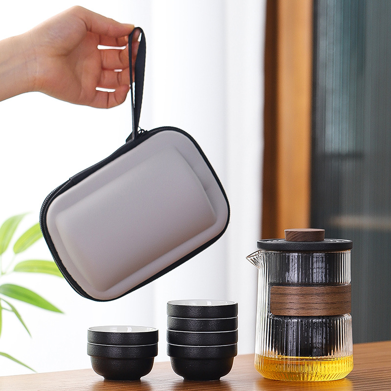 줄무늬 냄비와 컵 6개 - 우아한 블랙