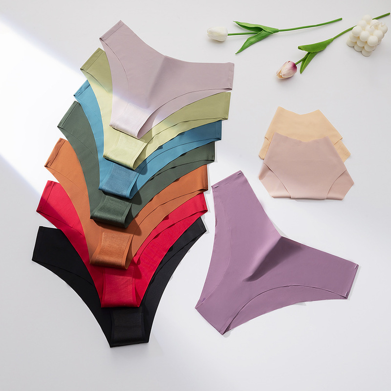 Cross-border European size solid color V waist swimming cloth bikini underwear women's ice silk seamless ladies briefs through sports underwear