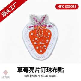 彩色草莓亮片布贴 网纱钉珠刺绣童装发饰 DIY 装饰辅料 HFK-03005