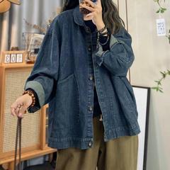 秋季新款长袖翻领牛仔外套女宽松潮流百搭休闲外搭女深蓝色