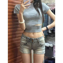 设计感柳钉低腰牛仔裤女夏季美式复古小个子辣妹弹力包臀热裤潮