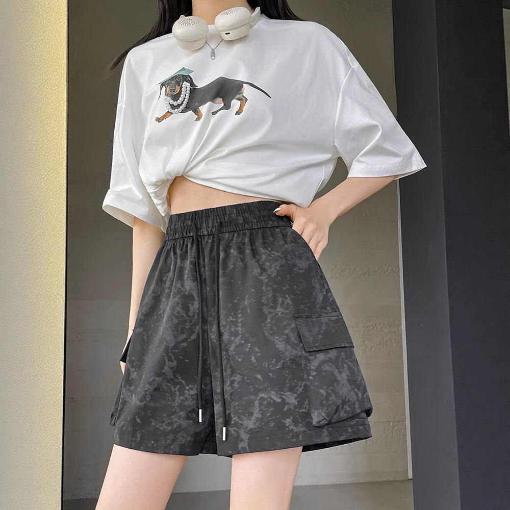 迷彩工装短裤女夏季2025年薄款扎染运动高腰休闲百搭中裤五分裤子