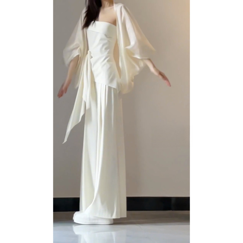 French Style Lace-up Strapless Sleeveless Top Casual Shirt Straight Long Pants suit Women Spring and Summer