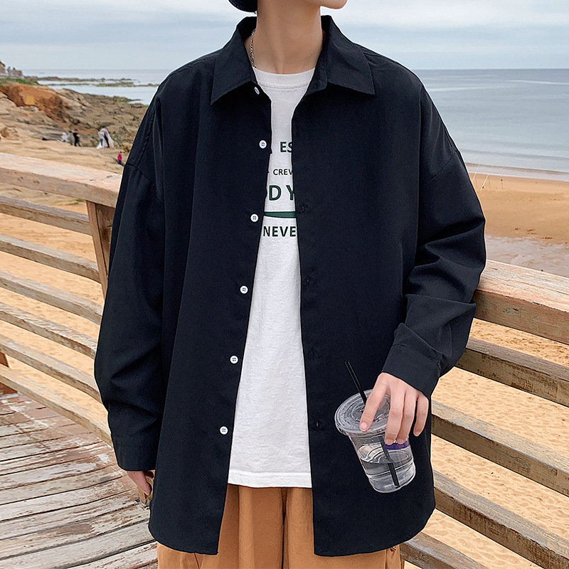Simple Solid Color Long-sleeve Men, New Autumn Trendy Versatile Loose Casual Turn-down Collar Shirt Jacket For Teenagers_voghion.com