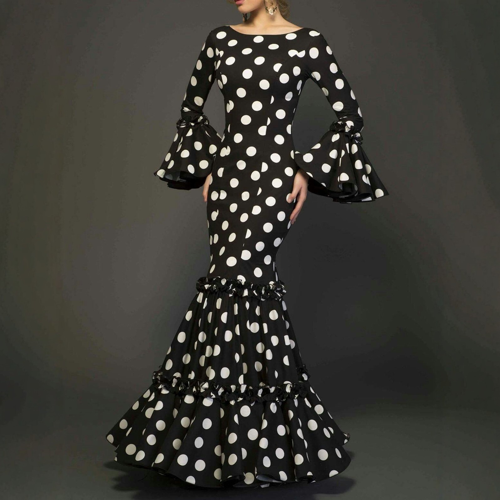 Cross-Border French-Style Retro Polka Dot Dress with Multi-Layered Ruffles and Bell Sleeves, Slim-Fit Mermaid Evening Gown