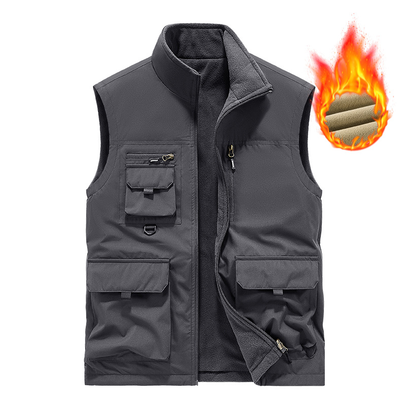 Cross-border chaleco de terciopelo de doble cara hombre ocio collar chaleco al aire libre hombro chaleco de pesca hombre de mediana edad chaleco de bolsillo
