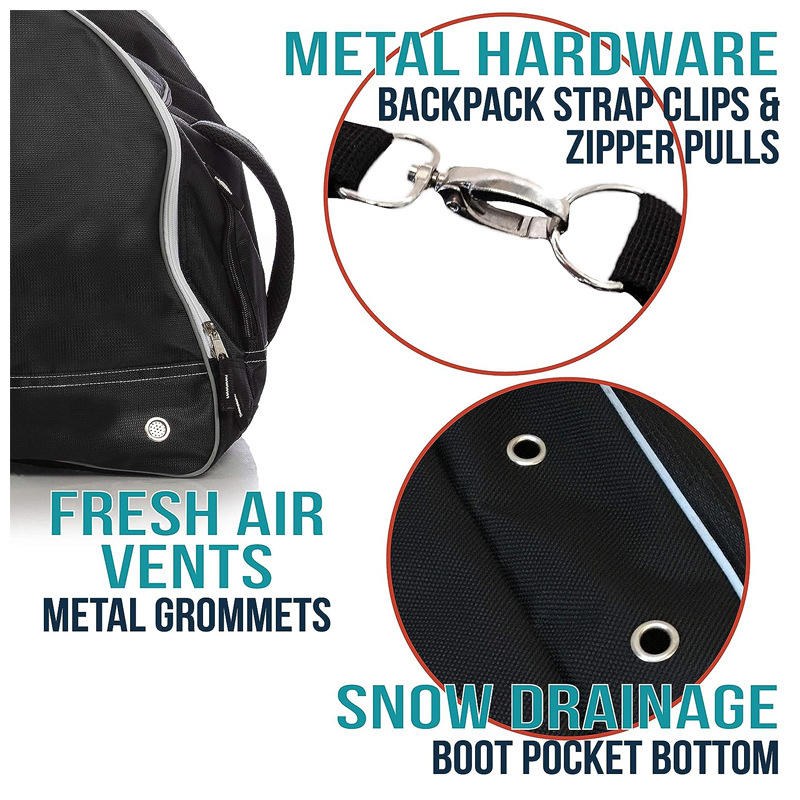 Capacious ski boots, ski suit, equipment, helmet, storage system, backpack