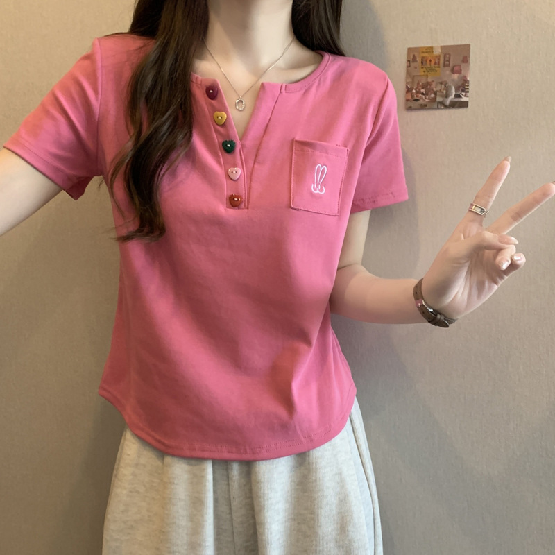 Woodpecker V-neck Women's Short-sleeved T-shirt Women's Western-style Top-grade Shoulder Top Slim-looking Meat-covered Summer Women's All-match