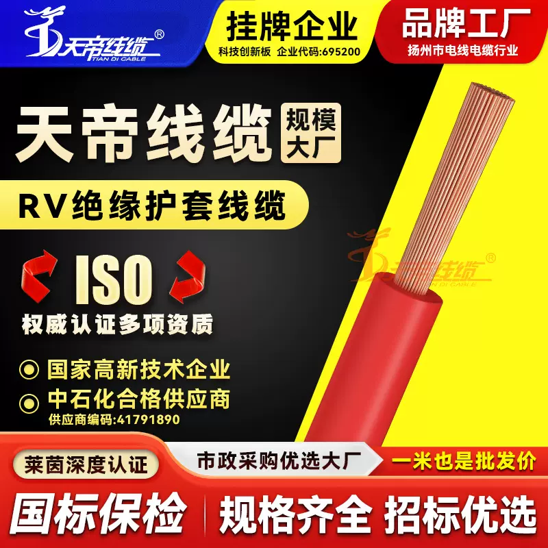 厂家直销天帝RV铜芯电源线2.5 4.0 6.0 10平方控制电缆电线软线