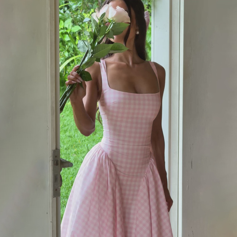 Fashionable French-Style Fresh European and American New Plaid Print Waist-Cinching Princess Dress Sexy Backless Strap Dress Women's Clothing