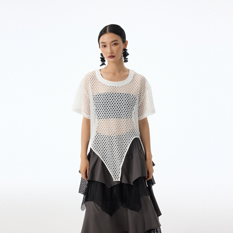 2026 Mesh T-Shirt for Women, Summer Loose Fit, Unique Personality, Irregular Lazy Style, Short-Sleeve Hollow-Out Shirt Top