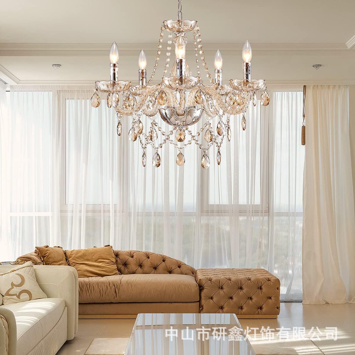 Lámpara de cristal de lujo ligera europea moderna francesa dormitorio sala de estar 5 cabezas de vidrio vela de tubo de curva fabricantes de lámparas de restaurante