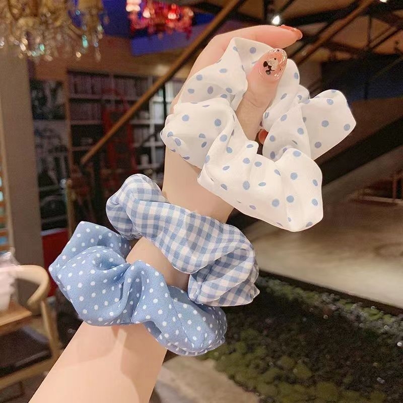 Blue Color Scrunchie with Sweet Lace, Versatile for Ponytails, Elegant for Girls, with Bow and Floral Design