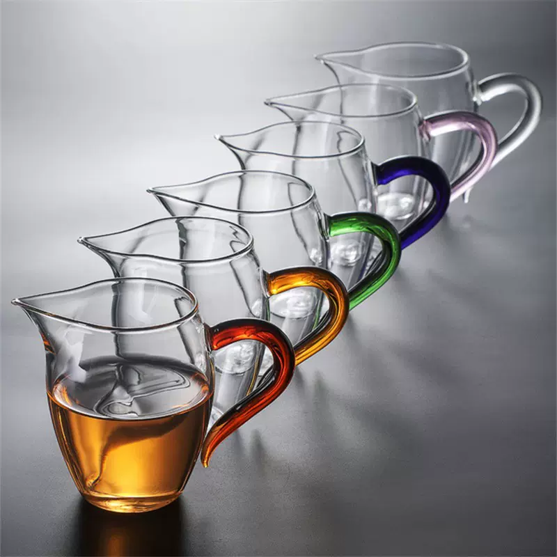 透明玻璃公道杯 加厚彩把鹰嘴公杯 功夫茶具配件玲珑分茶器
