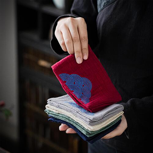 Embroidered Cotton & Linen Tea Towel with Japanese Fabric Craft, Thick Absorbent Tea Cloth, Zen-style Gourmet Tea Set Towel, Cleaning Cloth Gift Box