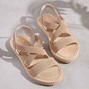 Outer size plus size elastic band rubber Roman sandals 2025 spring and summer new stretch cloth flat casual sandals wholesale
