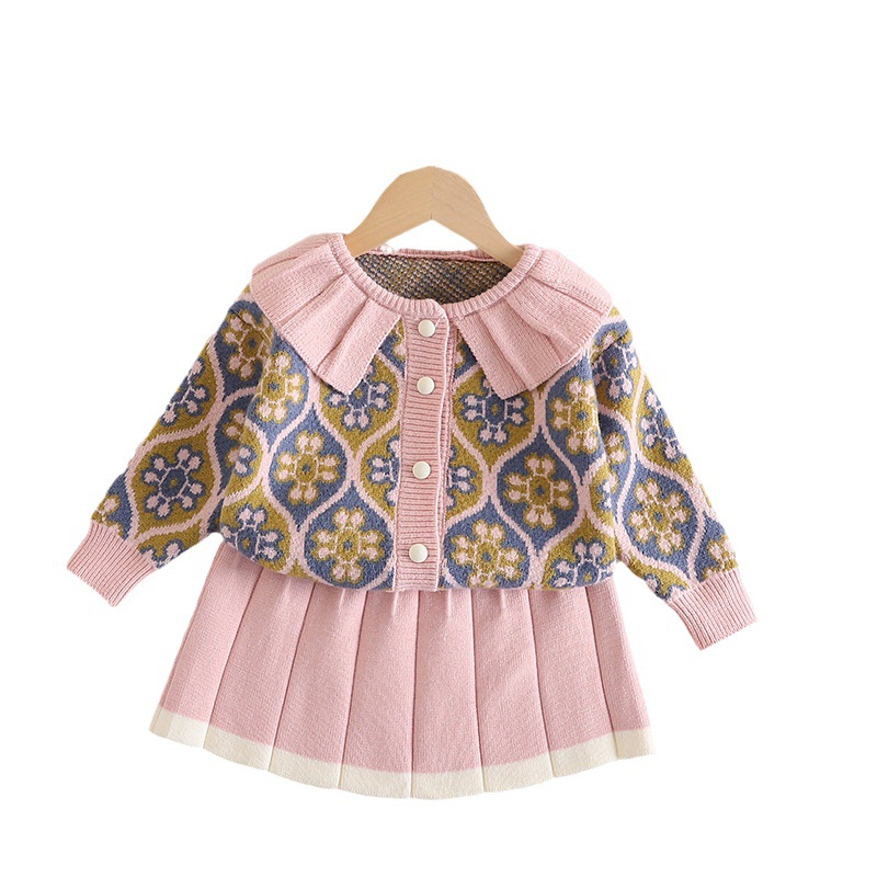 Robe pull longue pour filles, nouveau style jacquard d'automne et d'hiver, ensemble tricoté deux pièces, encolure inversée pour bébé fille_voghion.com