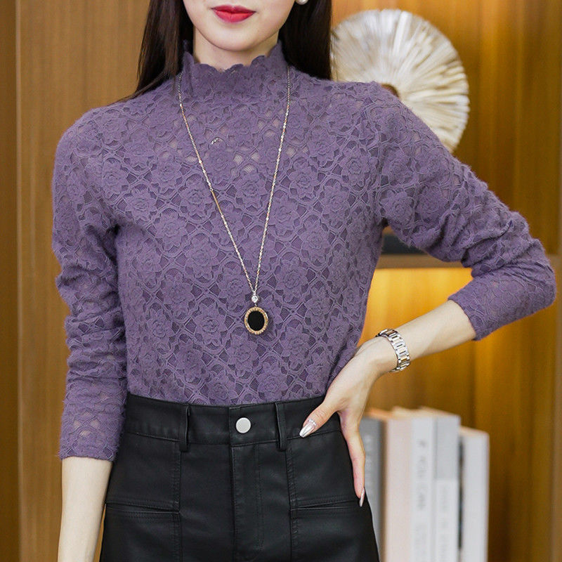 Autumn and Winter Fashion Lace Half-high Collar Base Shirt Women's Spring Fashion Western Style Out-of-the-way All-match Top
