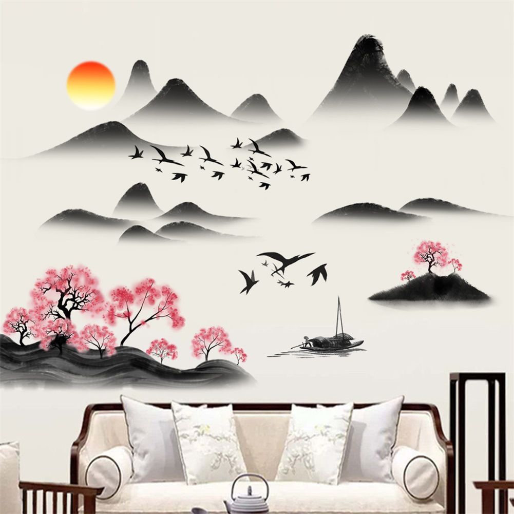 静心山水画中式中国风自粘墙贴画客厅卧室温馨遮丑美化装饰粘贴画