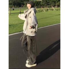 美式复古拉链开衫气质连帽高领卫衣女春秋宽松简约学院风休闲外套