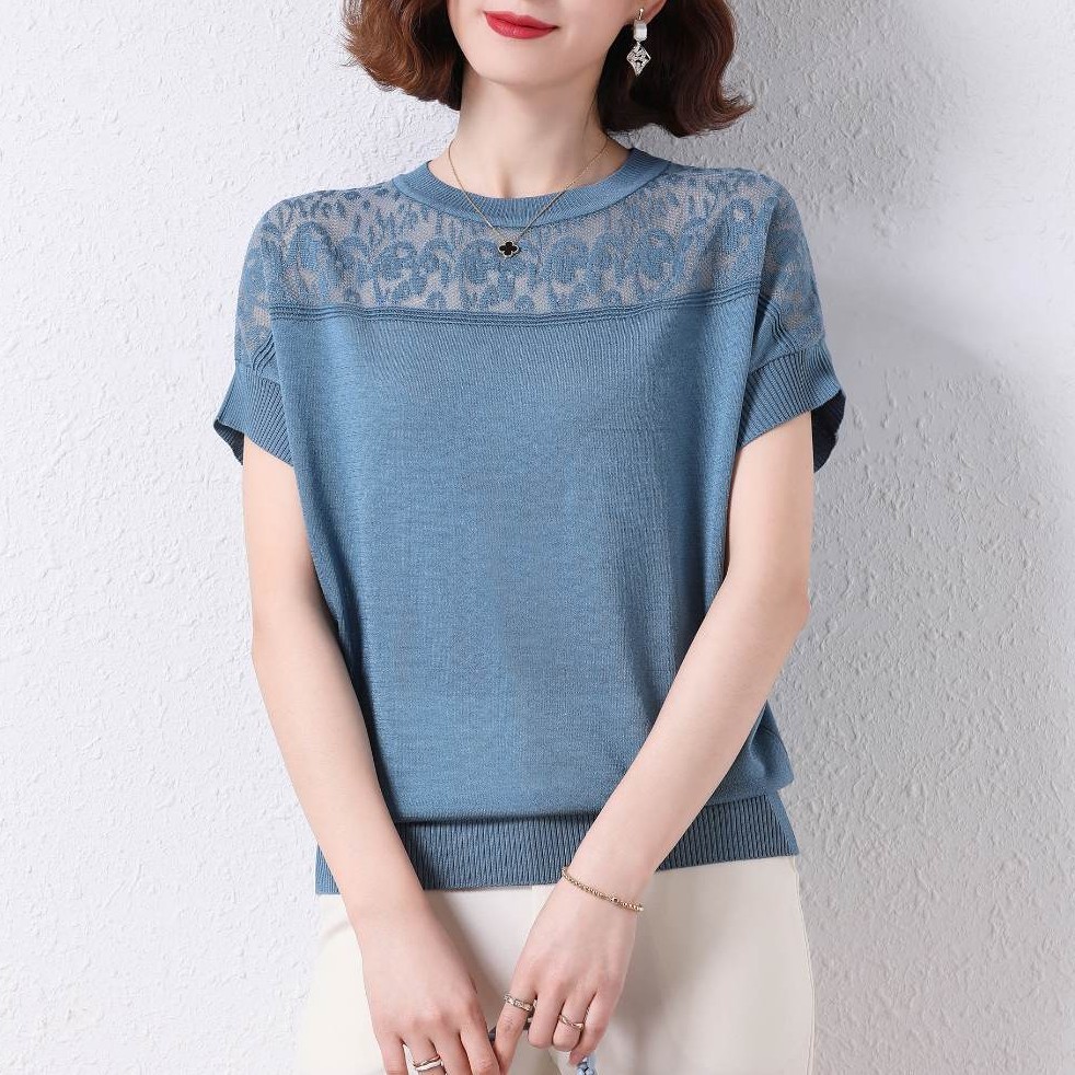 短袖冰丝T恤女 2023夏新款上衣宽松大码镂空欧根纱短袖薄款半袖女