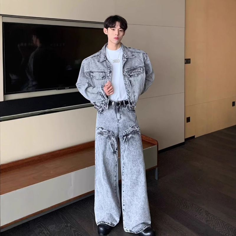 Autumn 2024 Korean version of American high-end feeling ruffian handsome Denim coat trend loose old straight leg pants suit Autumn 2024 Korean version of American high-end feeling ruffian handsome Denim coat trend loose old straight leg pants suit