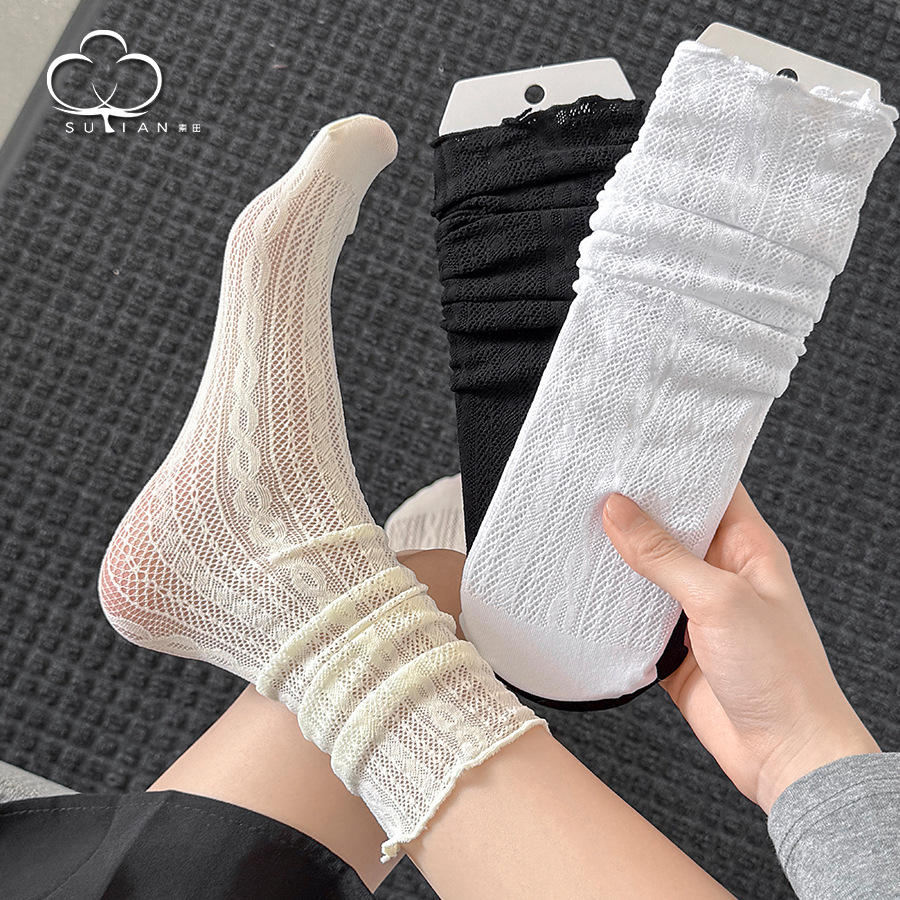 蕾絲堆堆襪女夏天超薄款ins鏤空透氣白色條紋小腿襪子女中長筒襪