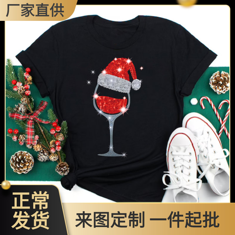 Women's Short-Sleeve T-Shirt Cross-Border European and American Fashion Christmas Wine Glass T-Shirt Kawaii Women's Short-Sleeve T-Shirt Cross-Border European and American Fashion Christmas Wine Glass T-Shirt Kawaii